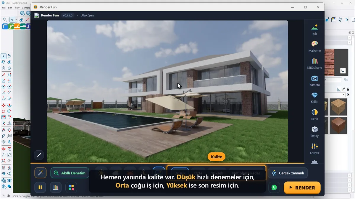 Hava düğmeleri ile Düşük, Orta ve Yüksek kalite düğmelerinin olduğu alt çubuk