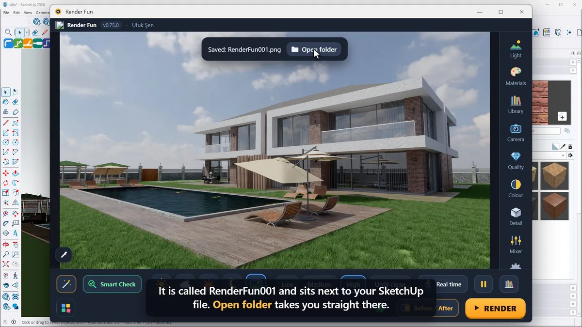 The finished first render, saved as RenderFun001 next to the SketchUp file
