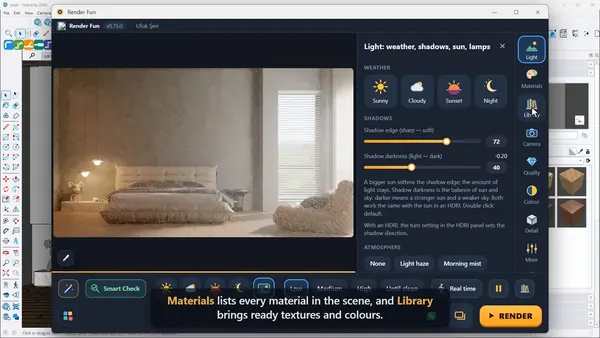 The Render Fun window: live picture, icon strip and action bar