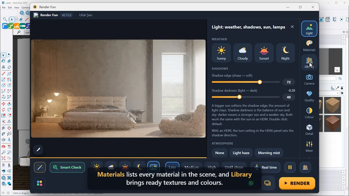 The Render Fun window: live picture, icon strip and action bar