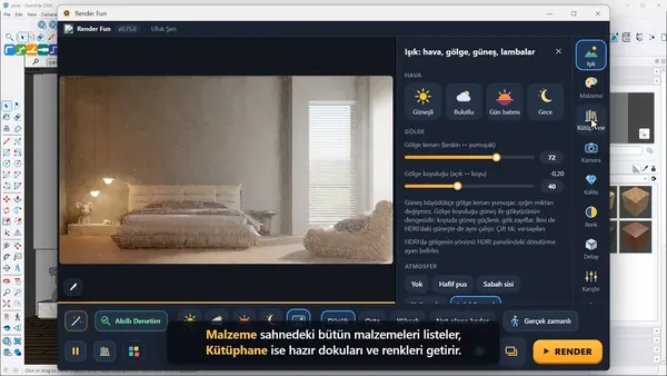 Render Fun penceresi: canlı resim, simge şeridi ve işlem çubuğu