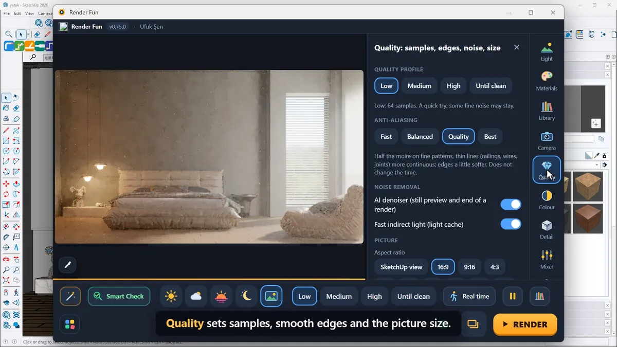 The Quality panel with quality profile, anti-aliasing and picture size