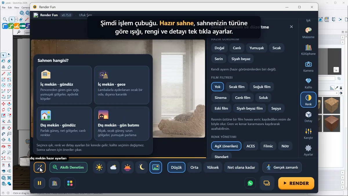 Hazır sahne kartı: İç mekân gündüz, İç mekân gece, Dış mekân gündüz ve Dış mekân gün batımı