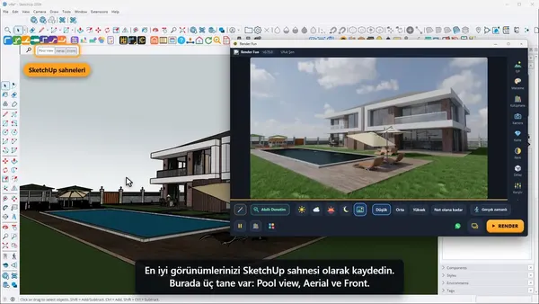 Render Fun’da render kamerası olarak kullanılan SketchUp sahneleri