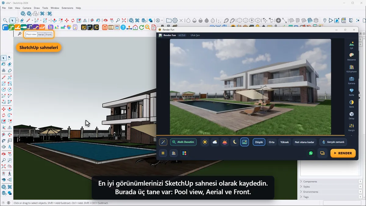Render Fun’da render kamerası olarak kullanılan SketchUp sahneleri