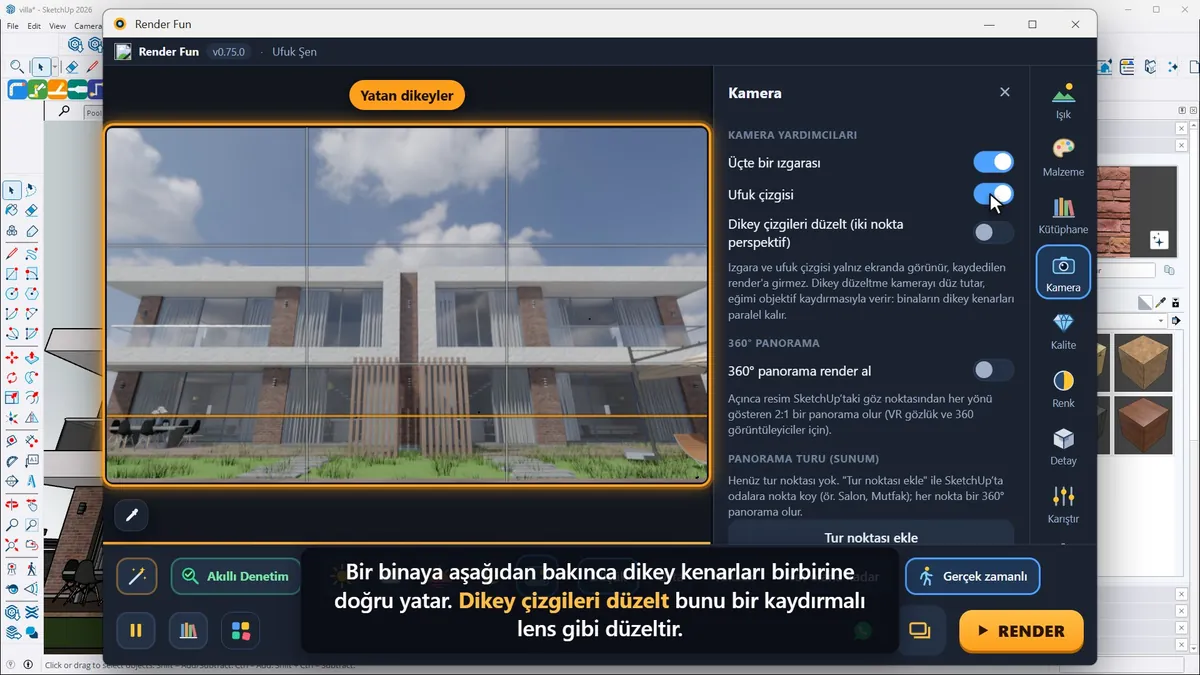 Dikey çizgileri düzelt açık: cephe kenarları dik kalıyor