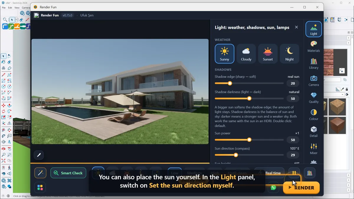 Setting the sun direction by hand in Render Fun’s Light panel