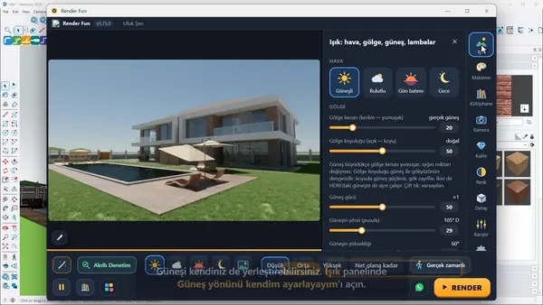 Render Fun Işık panelinde güneş yönünü elle ayarlamak
