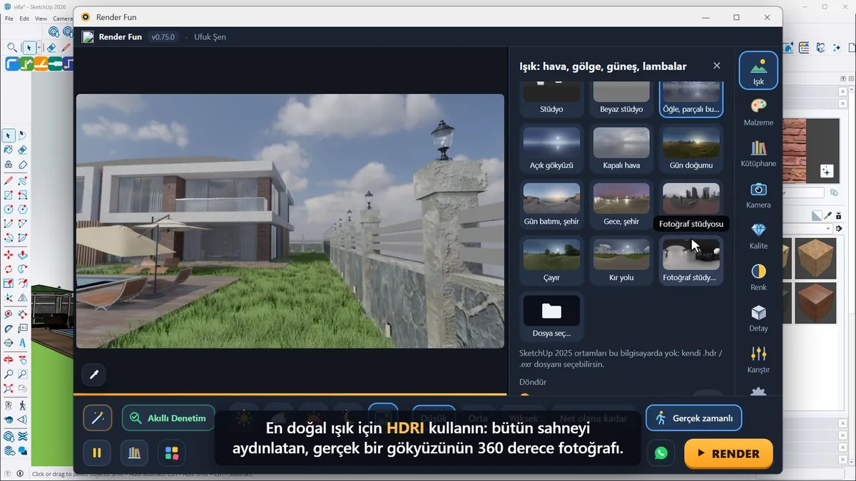 Işık panelindeki hazır HDRI ortamları