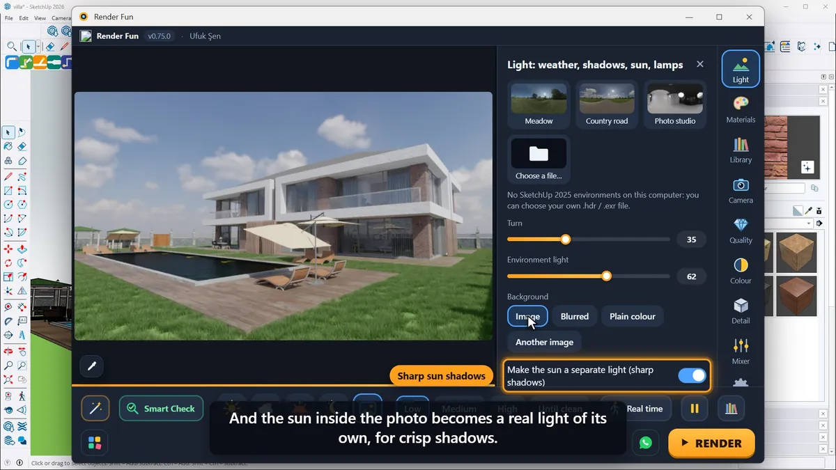 "Make the sun a separate light" for crisp shadows under an HDRI sky