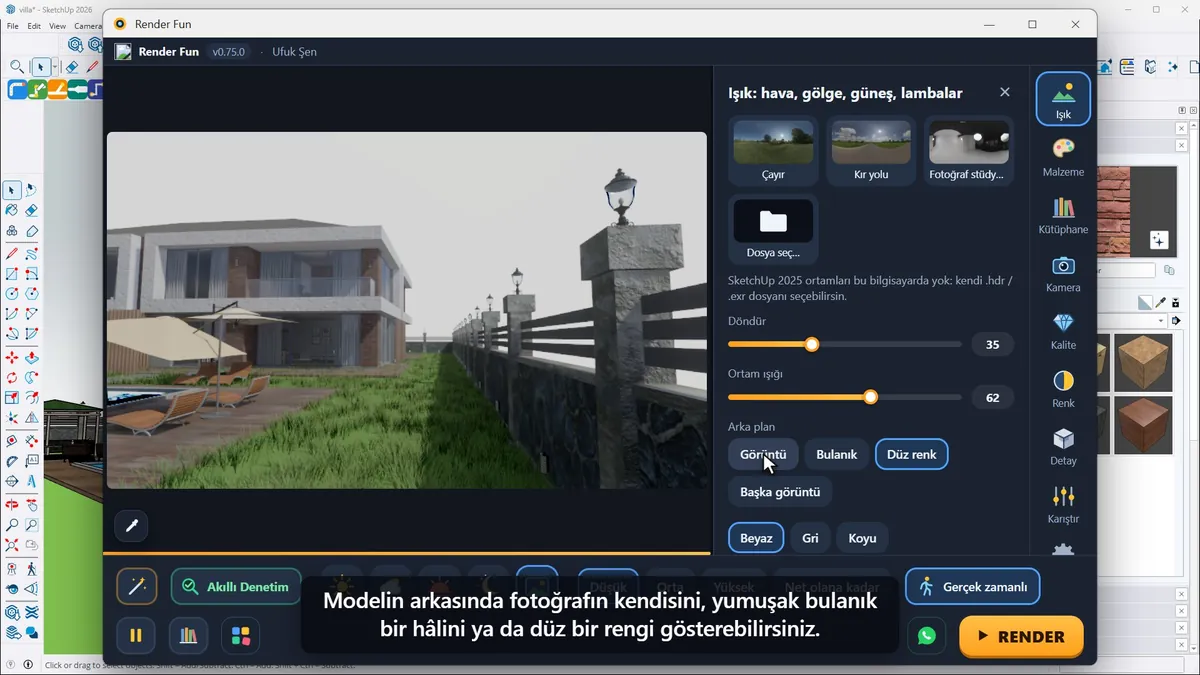 HDRI gökyüzünde keskin gölge için "Güneşi ayrı ışık yap"