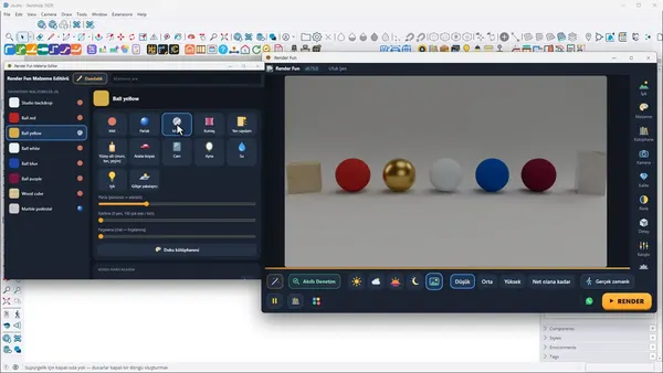Render Fun Malzeme Editörü’nde düz bir rengi parlak altına çevirmek