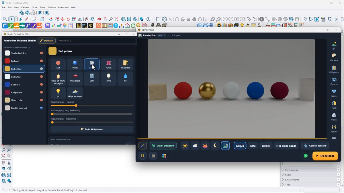 Render Fun Malzeme Editörü’nde düz bir rengi parlak altına çevirmek