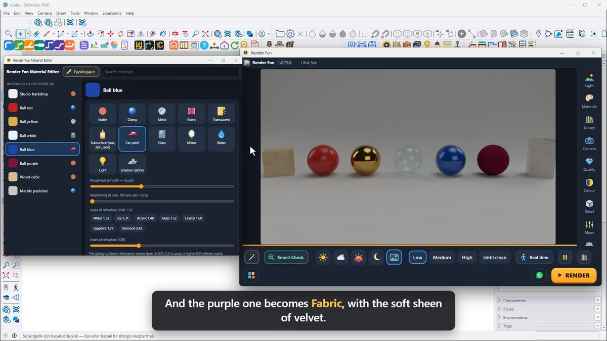 Glass, metal and fabric balls side by side in the test studio