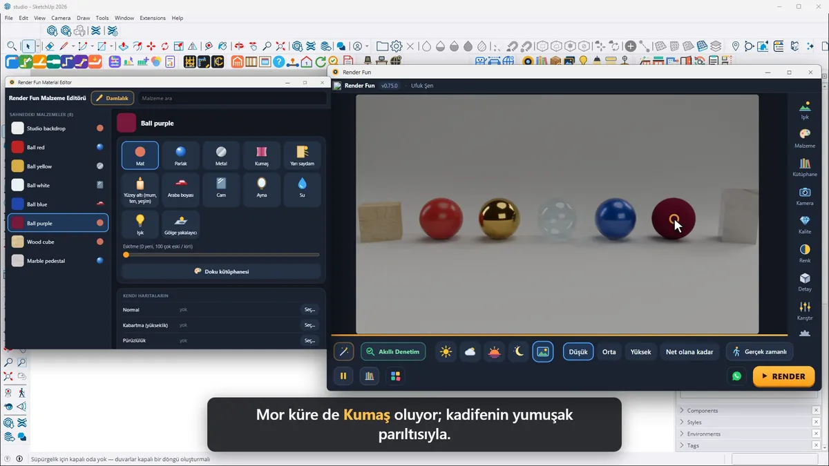 Test stüdyosunda yan yana cam, metal ve kumaş küreler