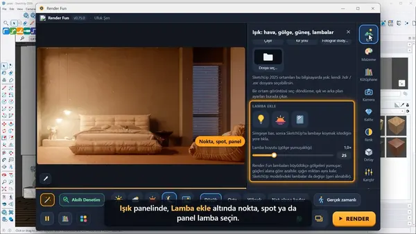 Render Fun Işık panelinden lamba eklemek