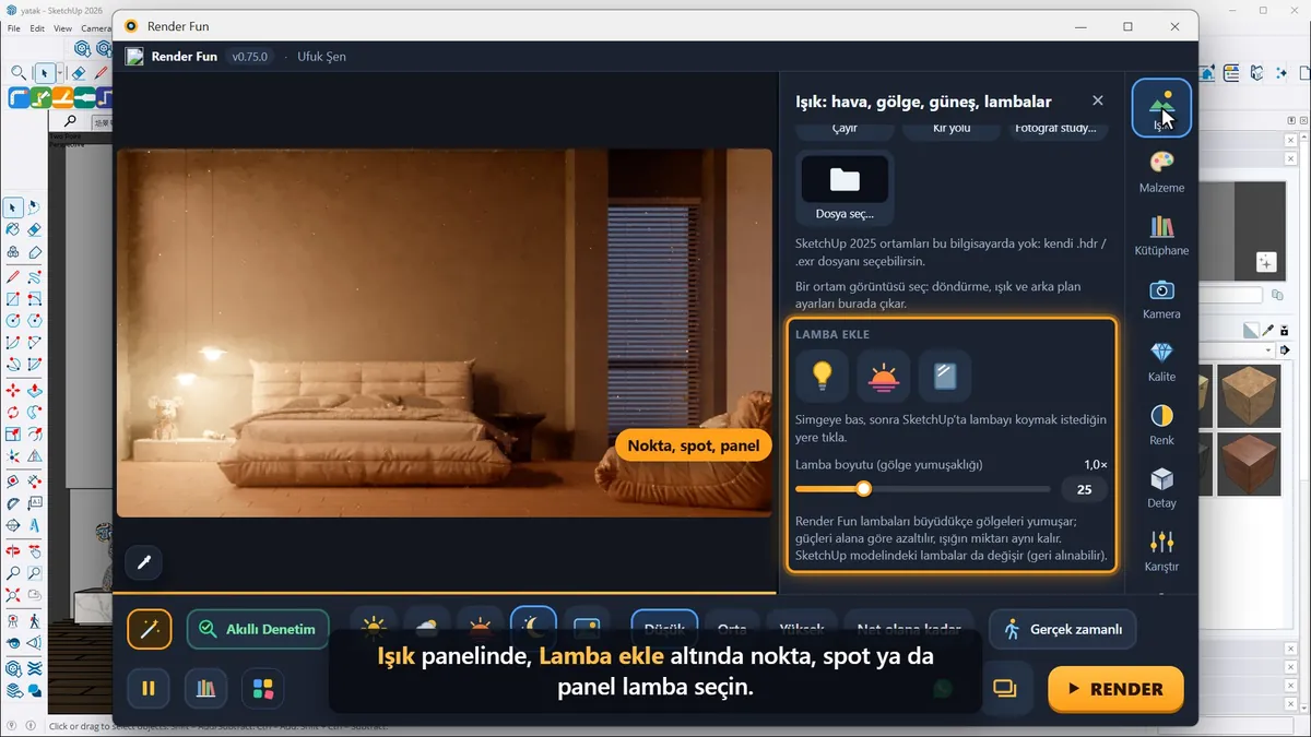 Render Fun Işık panelinden lamba eklemek