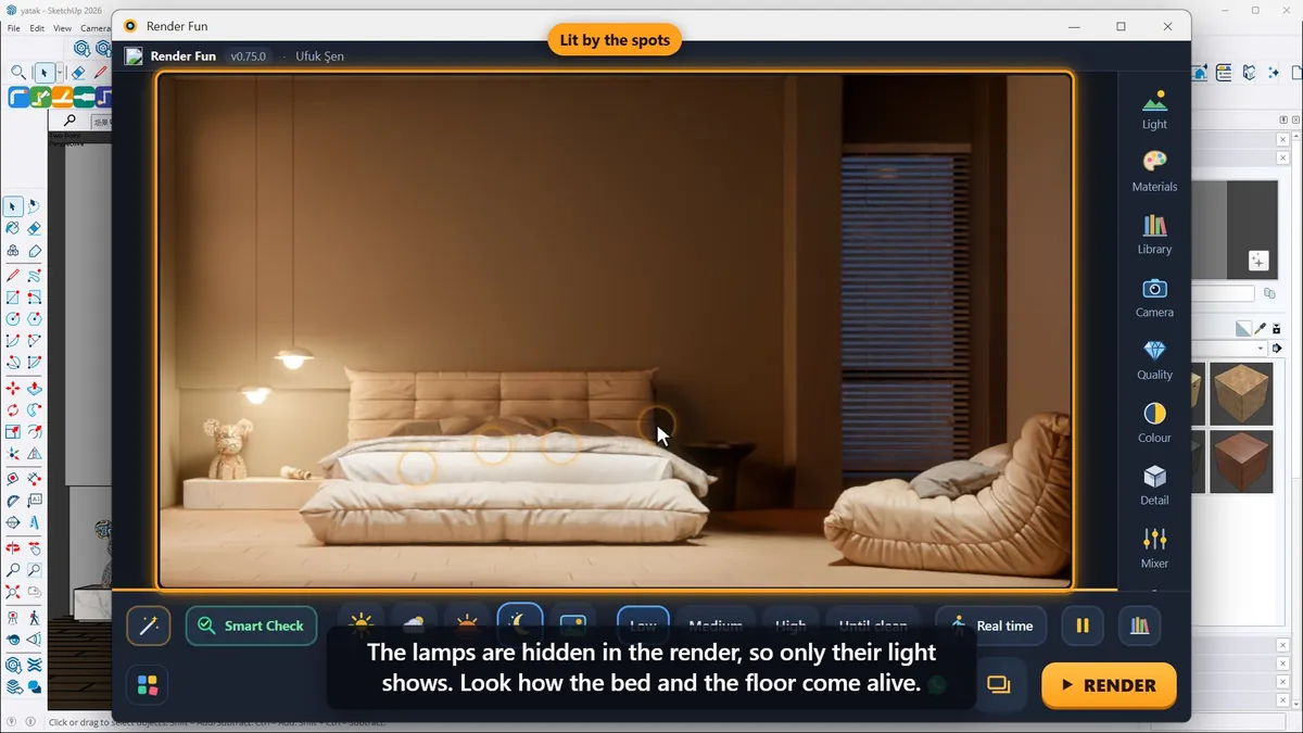 Spot lamps above the bed bring the bedroom to life at night