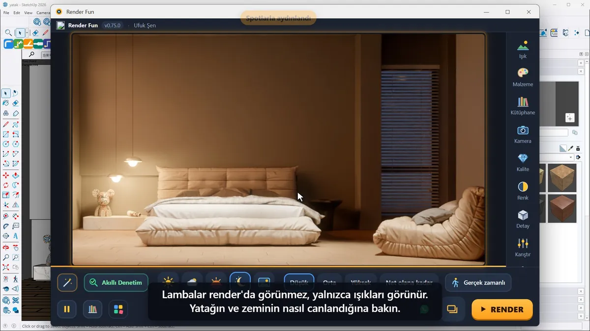 Yatağın üstündeki spot lambalar yatak odasını gece canlandırıyor