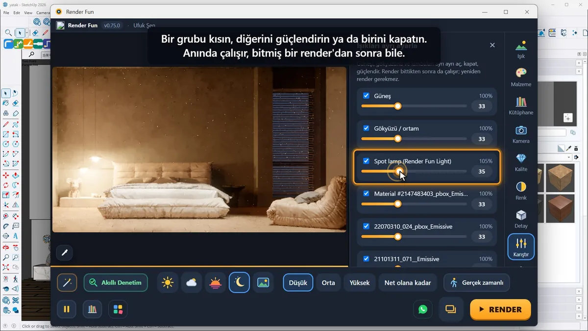 Işık karıştırıcı: güneş, gökyüzü ve her lamba grubu kendi kaydırıcısında