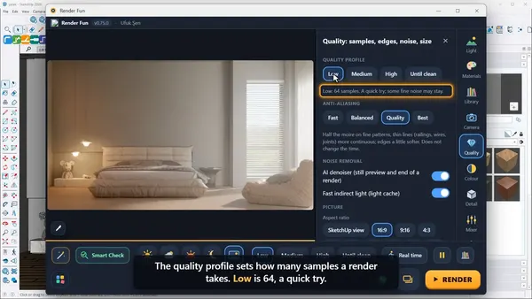 Render Fun’s quality profile: Low, Medium, High and Until clean