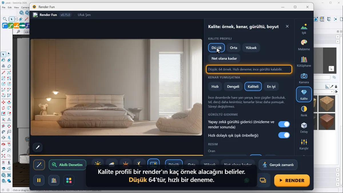 Render Fun kalite profili: Düşük, Orta, Yüksek ve Net olana kadar