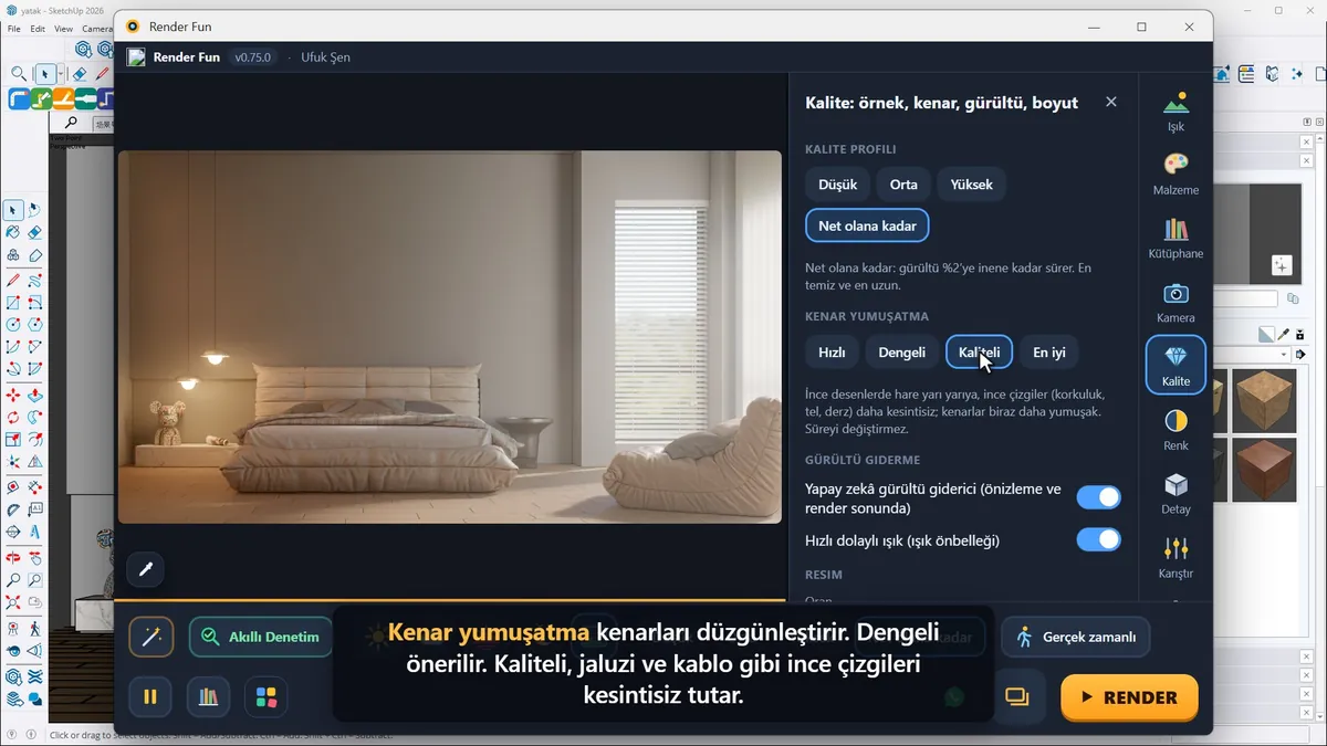 Kenar yumuşatma seviyeleri: Hızlı, Dengeli, Kaliteli ve En iyi