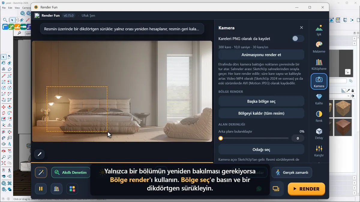 Bölge render: yeniden render alınacak bölümü bir dikdörtgen işaretliyor