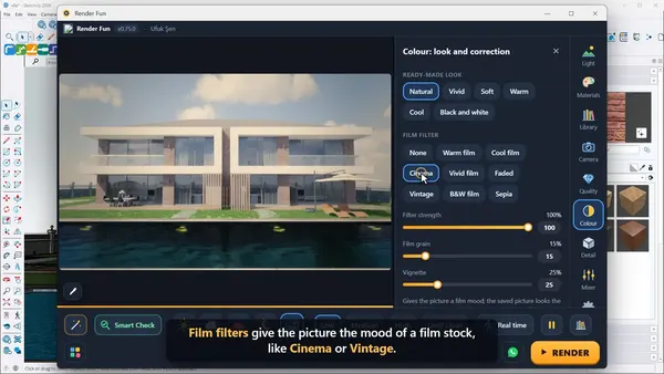 Render Fun’s Colour panel with ready-made looks and film filters
