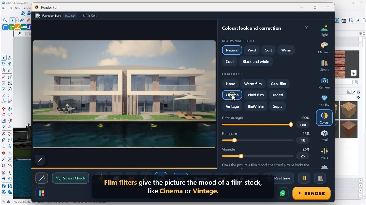 Render Fun’s Colour panel with ready-made looks and film filters