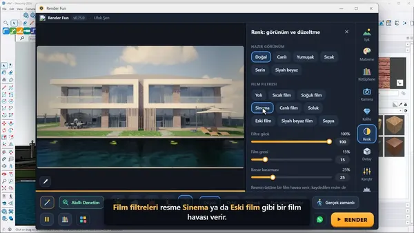 Hazır görünümler ve film filtreleriyle Render Fun Renk paneli