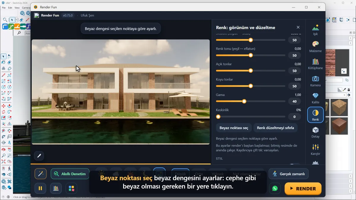 Beyaz noktası seç: cepheye tıklamak beyaz dengesini kuruyor