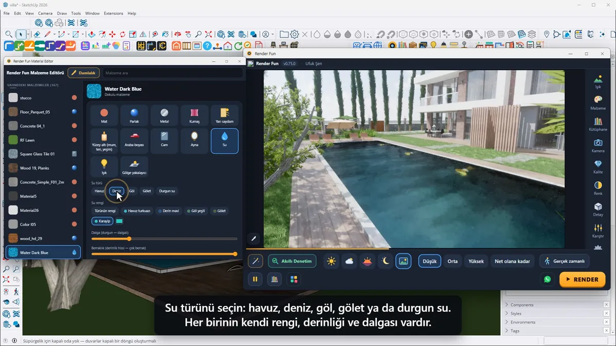 Malzeme Editörü’nde havuz için su türünü seçmek