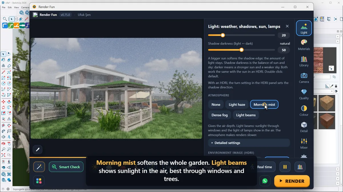 Atmosphere options: light haze, morning mist and light beams