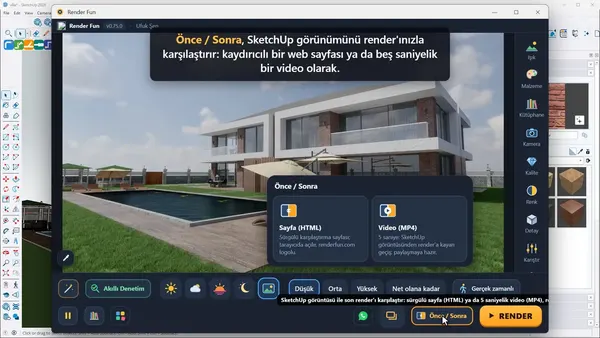 Render Fun’da Önce / Sonra seçimi: kaydırıcılı sayfa ya da video