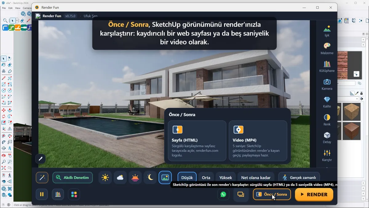 Render Fun’da Önce / Sonra seçimi: kaydırıcılı sayfa ya da video