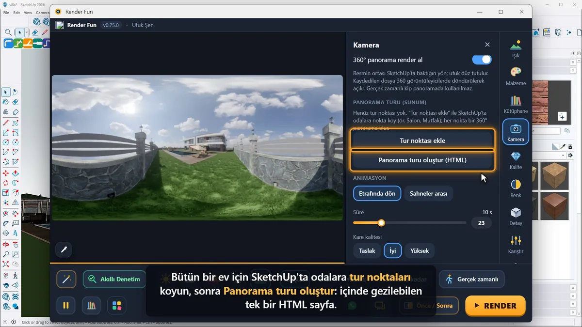 Kamera panelinde tur noktaları ve "Panorama turu oluştur (HTML)"