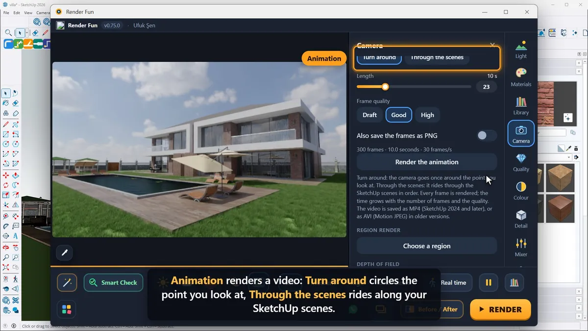 Animation: Turn around or Through the scenes, then render the MP4