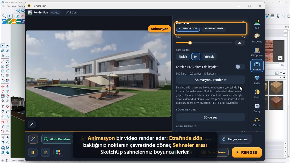 Animasyon: Etrafında dön ya da Sahneler arası, sonra MP4 render’ı