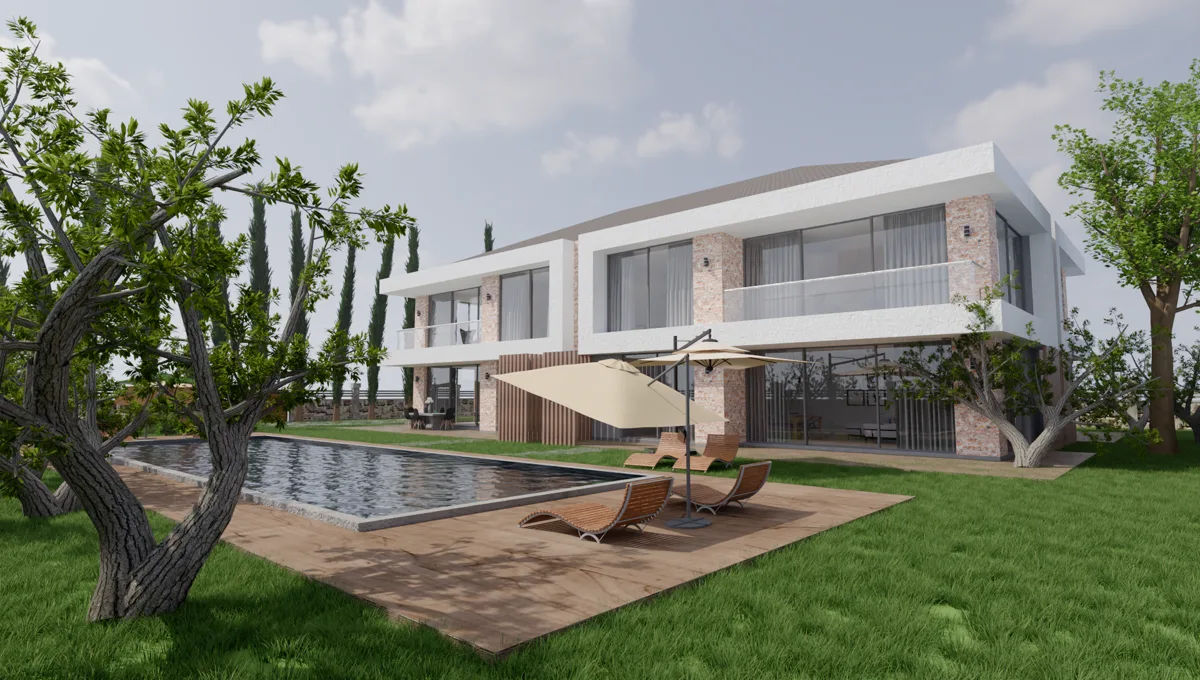 Havuzu, terası ve çimiyle bir villa dış cephesi; Render Fun render’ı