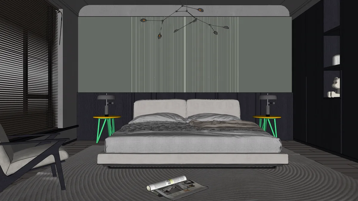 Yatak odası modeli, render’dan önce SketchUp’ta