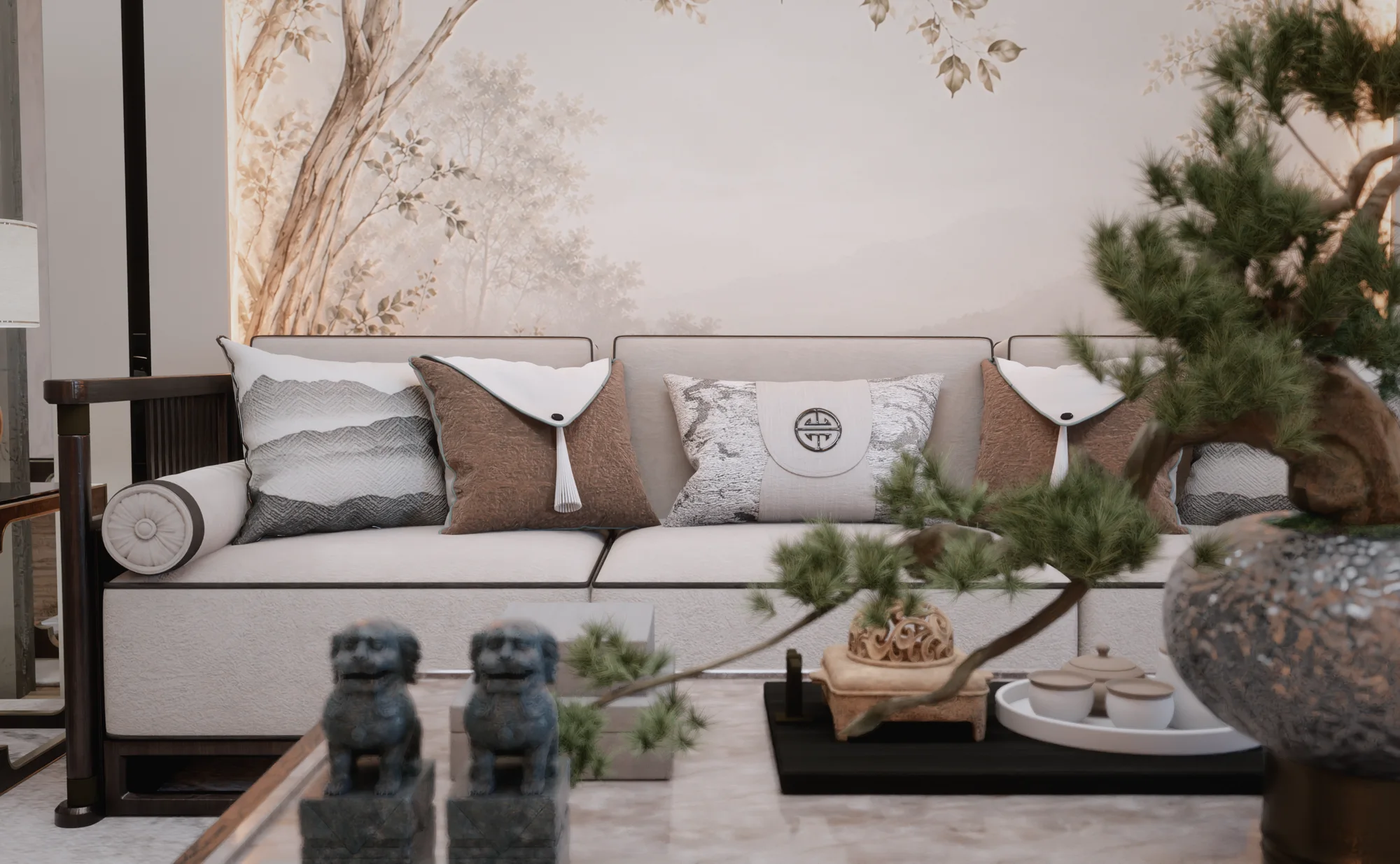Render Fun iç mekân render’ında kumaş, taş ve bitkiye yakından bakış