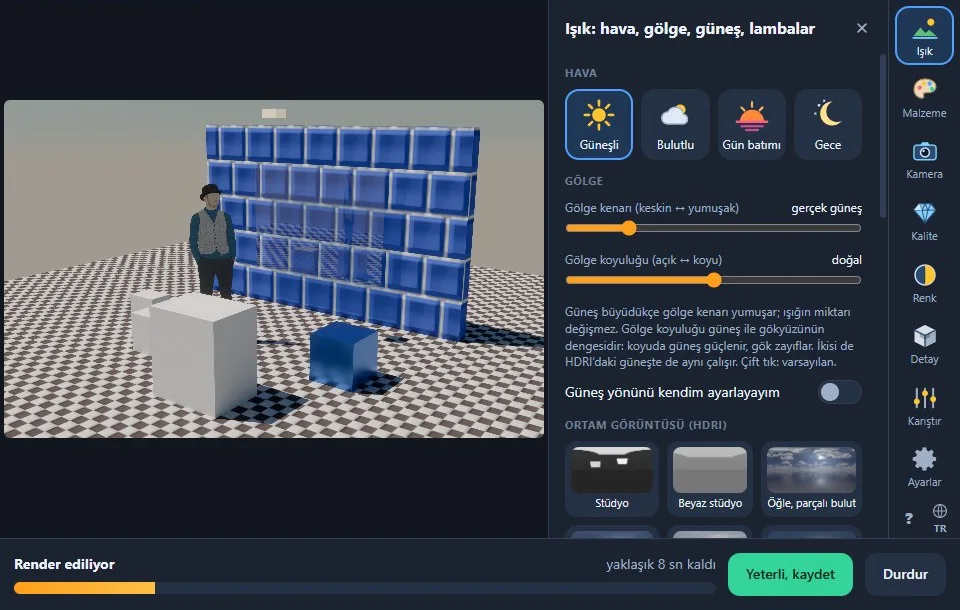 Render sürerken: kalan süre ve “Yeterli, kaydet”